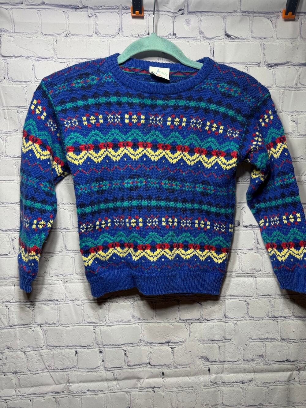 PeAnuts Kids VTG Fair Isle Knit Crewneck Sweater Blue Multi Sz 5 Retro